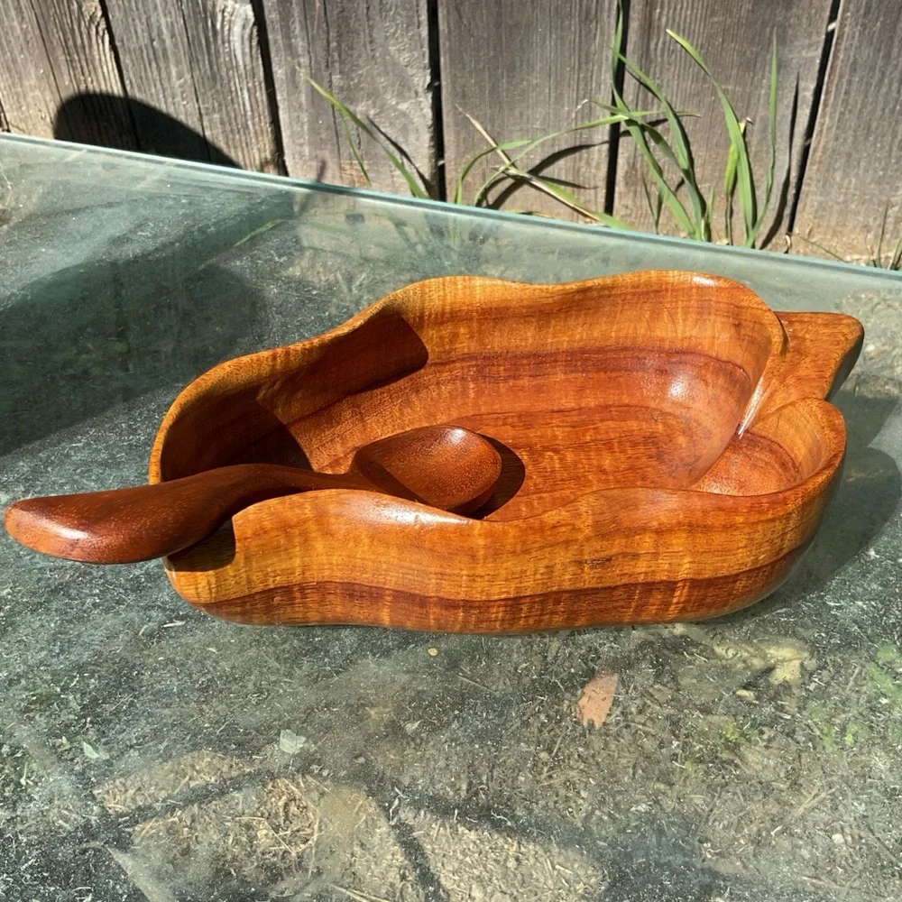 Handmade Hawaiian Wooden Bowl and Spoon Set, Signed - Picture 7 of 10